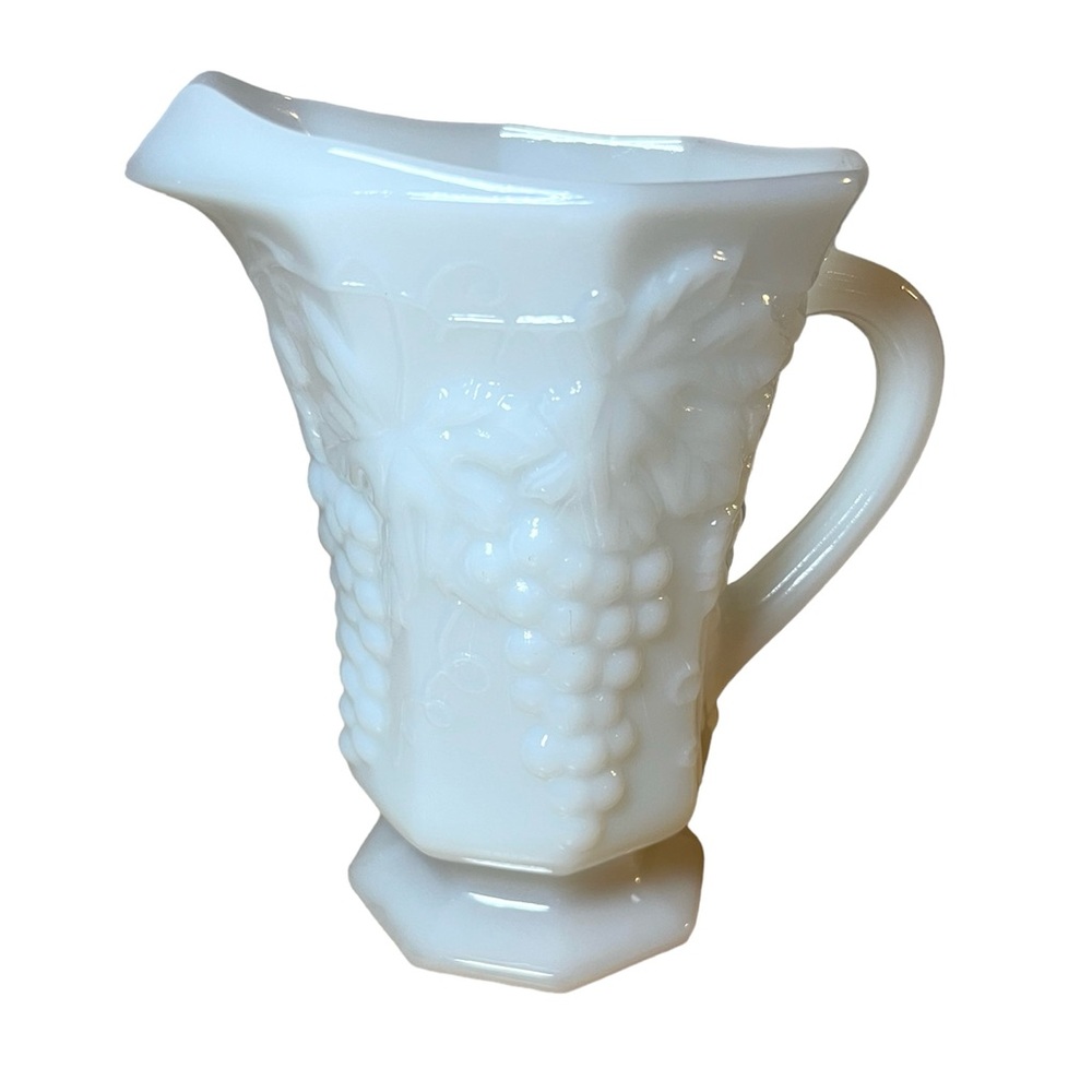 Anchor Hocking vintage milk glass pitcher with grapes design